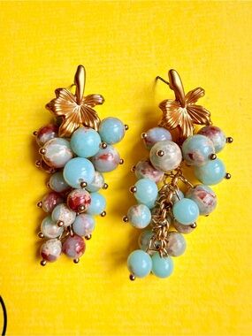 Gold Leaf Earrings with Blue Imperial Jasper Cluster Drop
